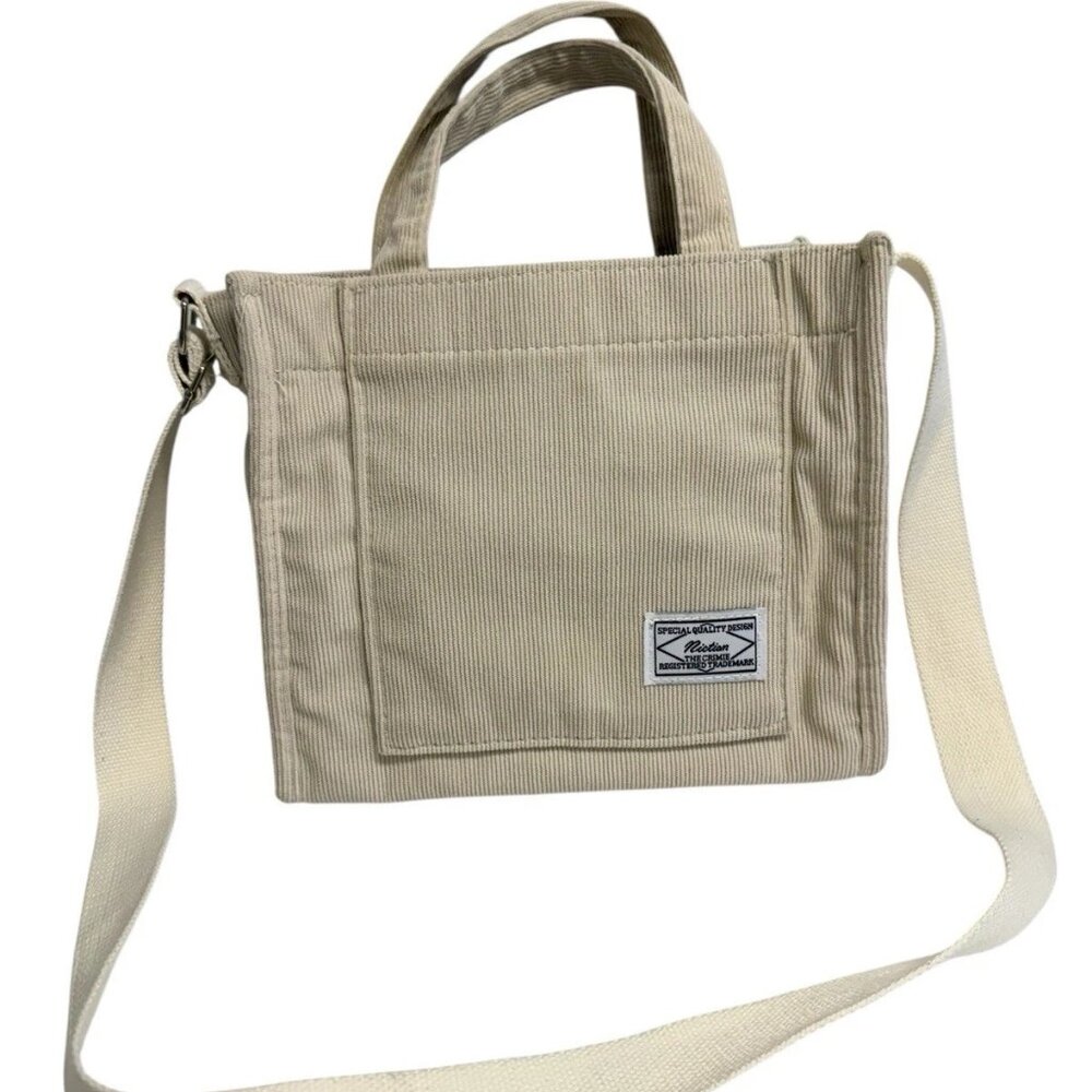 Canvas Corduroy Tote Bag Beige Snap Closure Pocket Adjustable Shoulder Strap - Picture 3 of 4